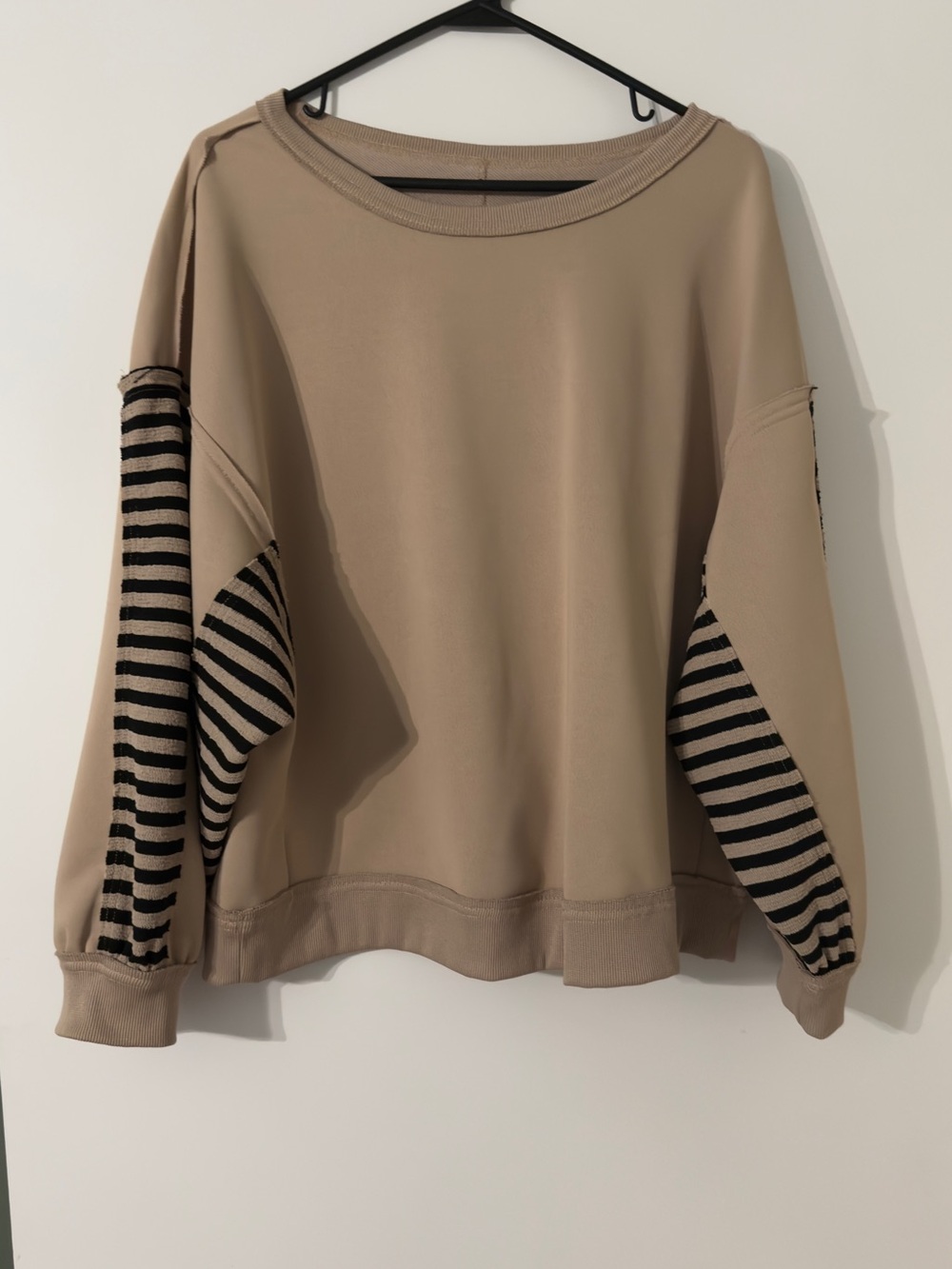 SHEIN Beige Sweatshirt with Black Striped Sleeve Panels